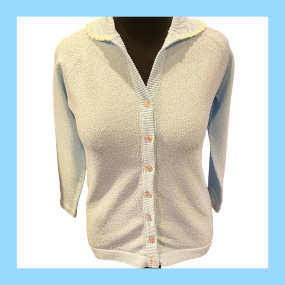 VINTAGE USA 🇺🇸 ILGWU Union Talbott Dacron Blue Cardigan Flower Trim 60s Sz 36